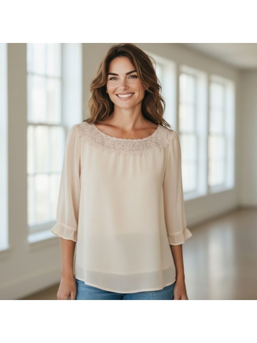Womens cream ivory RBG lace scoop neck flowy boho blouse top large